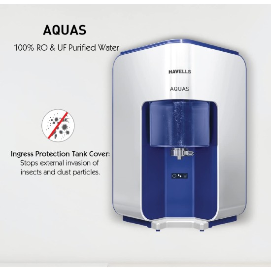 Havells AQUAS Water Purifier (White and Blue), RO+UF, Copper+Zinc+Minerals, 5 stage Purification, 7L Tank, Suitable for Borwell, Tanker & Municipal Water