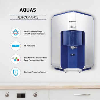 Havells AQUAS Water Purifier (White and Blue), RO+UF, Copper+Zinc+Minerals, 5 stage Purification, 7L Tank, Suitable for Borwell, Tanker & Municipal Water Havells AQUAS Water Purifier (White and Blue), RO+UF, Copper+Zinc+Minerals, 5 stage Purification, 7L Tank, Suitable for Borwell, Tanker & Municipal Water
