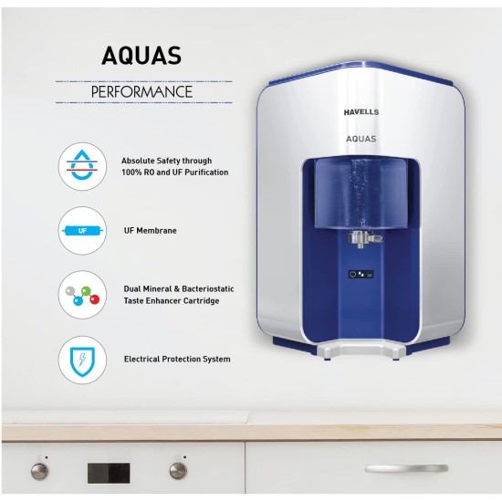 Havells AQUAS Water Purifier (White and Blue), RO+UF, Copper+Zinc+Minerals, 5 stage Purification, 7L Tank, Suitable for Borwell, Tanker & Municipal Water