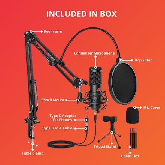 Audio Array AM-C1 USB Condenser Microphone Kit | 192kHz/24bit | BoomArm, Pop Filter, Mic Cover, Shock Mount, Tripod & 2.5M USB Cable | Podcasting, Gaming, Singing & Live Streaming