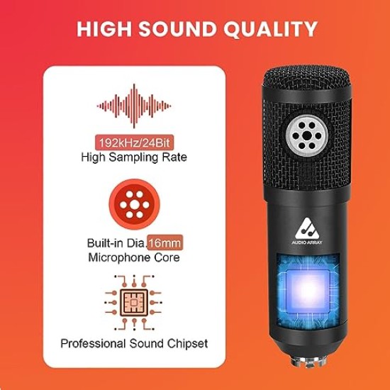 Audio Array AM-C1 USB Condenser Microphone Kit | 192kHz/24bit | BoomArm, Pop Filter, Mic Cover, Shock Mount, Tripod & 2.5M USB Cable | Podcasting, Gaming, Singing & Live Streaming