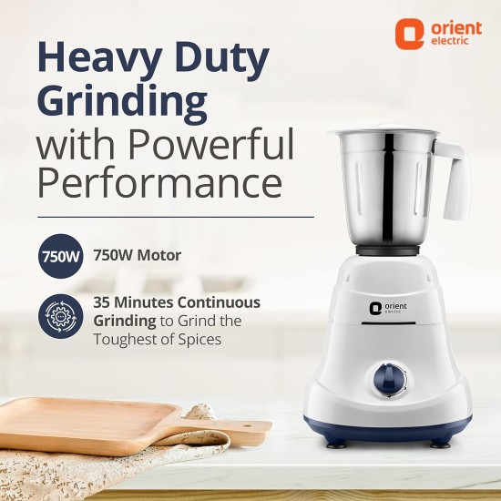 Orient Electric 750W mixer grinder | Super power 750 MGSP75WB3 3 jar with 3 SS jars | Longer life balanced coil motor | ABS body | Uniform grinding 