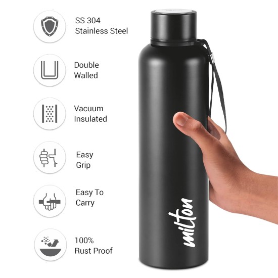 MILTON Aura 1000 Thermosteel Bottle, 1050 ml Water Bottles, 24 Hours Hot and Cold, Easy to Carry, Easy Grip, Rust Proof, Tea, Coffee, Office, Travel Bottle, Black