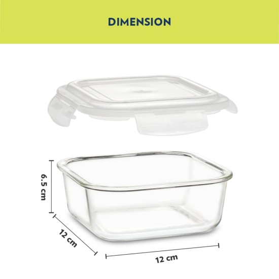 Borosil Ace Borosilicate Glass Lunch Boxes Set of 2 (320 ml Each) with Lunch Bag, Square, Horizontal, Lunchboxes for Office & College, Microwave Safe, Leak Proof (Transparent, Green)