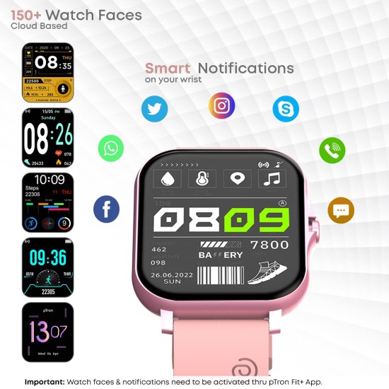 pTron Newly Launched Force X10 Bluetooth Calling Smartwatch with 1.7" Full Touch Color Display, Real Heart Rate Monitor, SpO2, Watch Faces, 5 Days Runtime, Fitness Trackers & IP68 Waterproof (Pink)