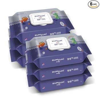 Bumtum Baby Gentle 99% Pure Water Soft Moisturizing Wet Wipes With Lid | Aloe Vera & Chamomile Extracts | Paraben & Sulfate Free (Pack of 6, 72 Pcs. Per Pack)
