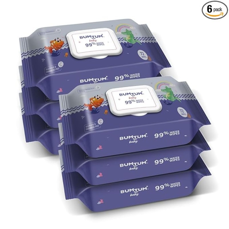 Bumtum Baby Gentle 99% Pure Water Soft Moisturizing Wet Wipes With Lid | Aloe Vera & Chamomile Extracts | Paraben & Sulfate Free (Pack of 6, 72 Pcs. Per Pack)