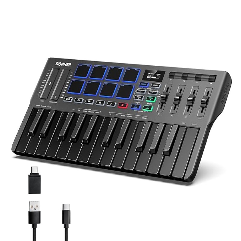 Donner DMK25 Pro MIDI Keyboard Controller, 25 Mini Key Portable USB-C MIDI Keyboard with 8 Drum Pads, OLED Display, Personalized Touch Bar, Music Production Software and 40 Free Courses Donner DMK25 Pro MIDI Keyboard Controller, 25 Mini Key Portable USB-C MIDI Keyboard with 8 Drum Pads, OLED Display, Personalized Touch Bar, Music Production Software and 40 Free Courses