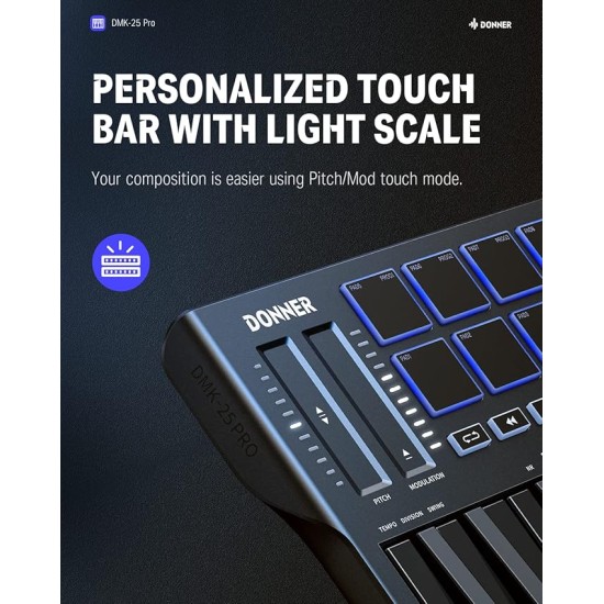 Donner DMK25 Pro MIDI Keyboard Controller, 25 Mini Key Portable USB-C MIDI Keyboard with 8 Drum Pads, OLED Display, Personalized Touch Bar, Music Production Software and 40 Free Courses
