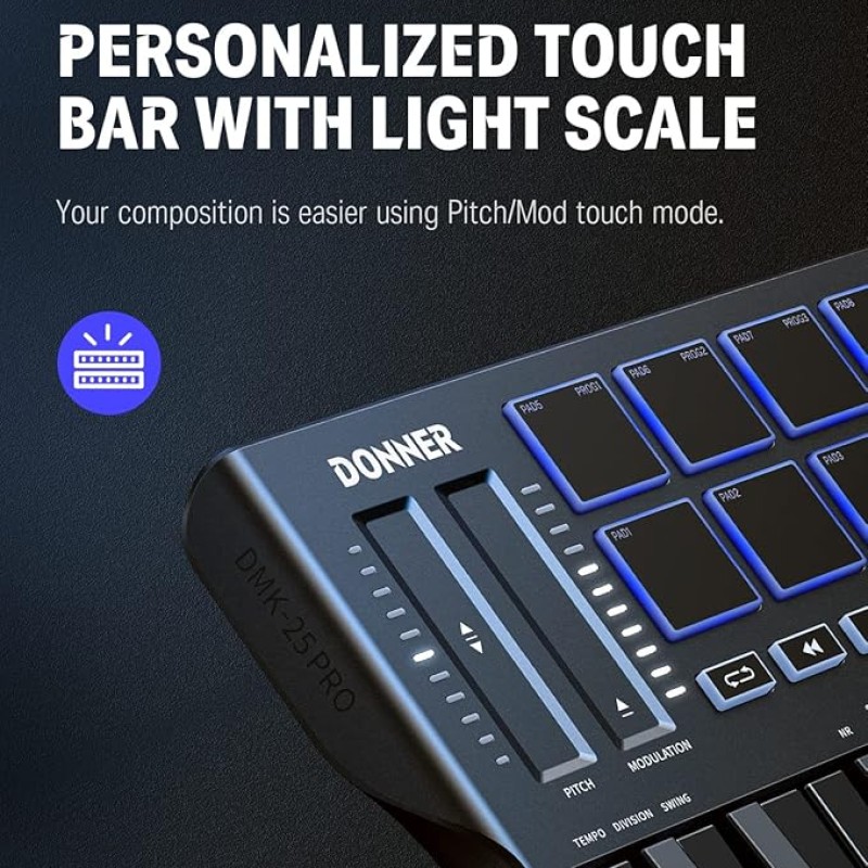Donner DMK25 Pro MIDI Keyboard Controller, 25 Mini Key Portable USB-C MIDI Keyboard with 8 Drum Pads, OLED Display, Personalized Touch Bar, Music Production Software and 40 Free Courses Donner DMK25 Pro MIDI Keyboard Controller, 25 Mini Key Portable USB-C MIDI Keyboard with 8 Drum Pads, OLED Display, Personalized Touch Bar, Music Production Software and 40 Free Courses