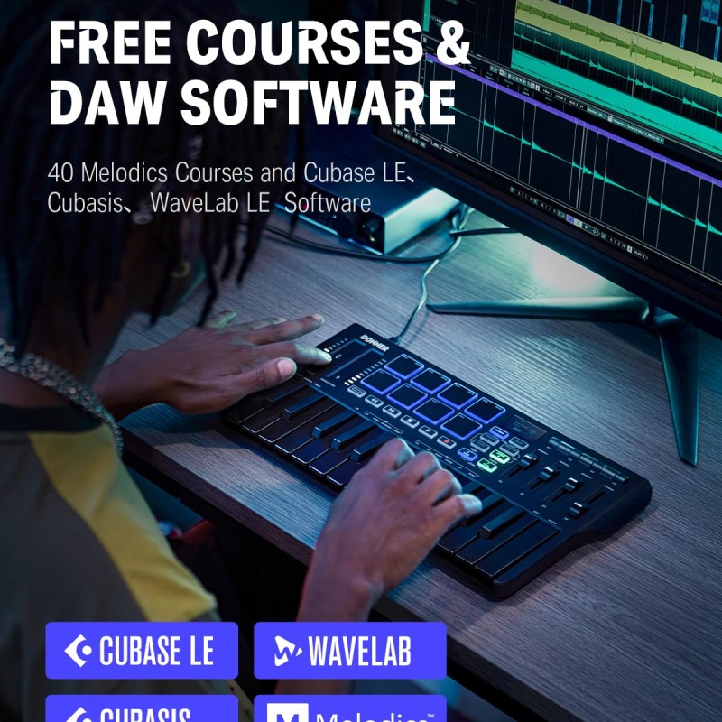 Donner DMK25 Pro MIDI Keyboard Controller, 25 Mini Key Portable USB-C MIDI Keyboard with 8 Drum Pads, OLED Display, Personalized Touch Bar, Music Production Software and 40 Free Courses Donner DMK25 Pro MIDI Keyboard Controller, 25 Mini Key Portable USB-C MIDI Keyboard with 8 Drum Pads, OLED Display, Personalized Touch Bar, Music Production Software and 40 Free Courses