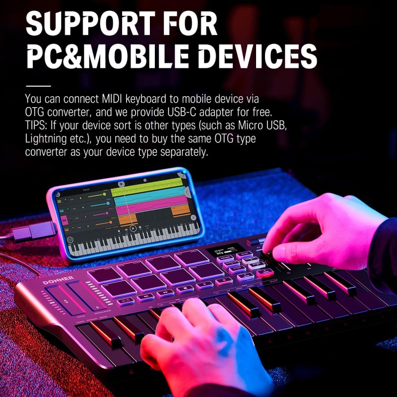 Donner DMK25 Pro MIDI Keyboard Controller, 25 Mini Key Portable USB-C MIDI Keyboard with 8 Drum Pads, OLED Display, Personalized Touch Bar, Music Production Software and 40 Free Courses Donner DMK25 Pro MIDI Keyboard Controller, 25 Mini Key Portable USB-C MIDI Keyboard with 8 Drum Pads, OLED Display, Personalized Touch Bar, Music Production Software and 40 Free Courses