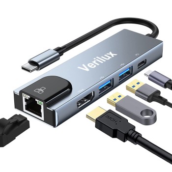 Verilux� USB C Hub, 5-in-1 Multiport Adapter Type C Hub with 4K HDMI Output,100W PD,100M Ethernet,1USB 3.0 and 1USB 2.0 Ports for MacBook Pro, MacBook Air M1