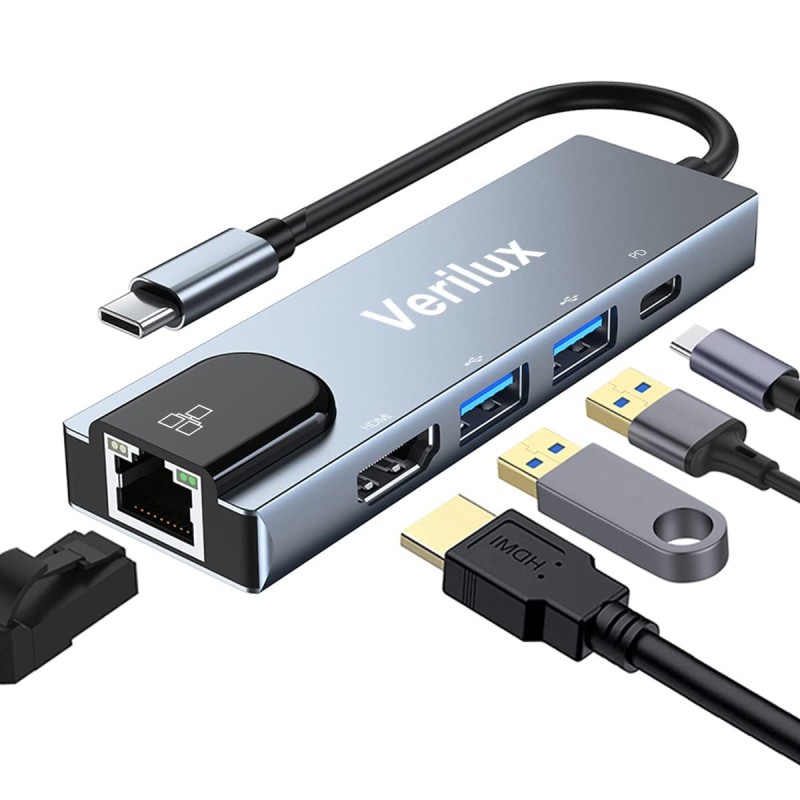 Verilux� USB C Hub, 5-in-1 Multiport Adapter Type C Hub with 4K HDMI Output,100W PD,100M Ethernet,1USB 3.0 and 1USB 2.0 Ports for MacBook Pro, MacBook Air M1
