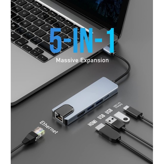 Verilux® USB C Hub, 5-in-1 Multiport Adapter Type C Hub with 4K HDMI Output,100W PD,100M Ethernet,1USB 3.0 and 1USB 2.0 Ports for MacBook Pro, MacBook Air M1