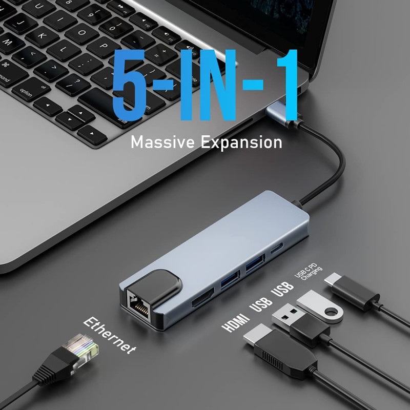 Verilux� USB C Hub, 5-in-1 Multiport Adapter Type C Hub with 4K HDMI Output,100W PD,100M Ethernet,1USB 3.0 and 1USB 2.0 Ports for MacBook Pro, MacBook Air M1