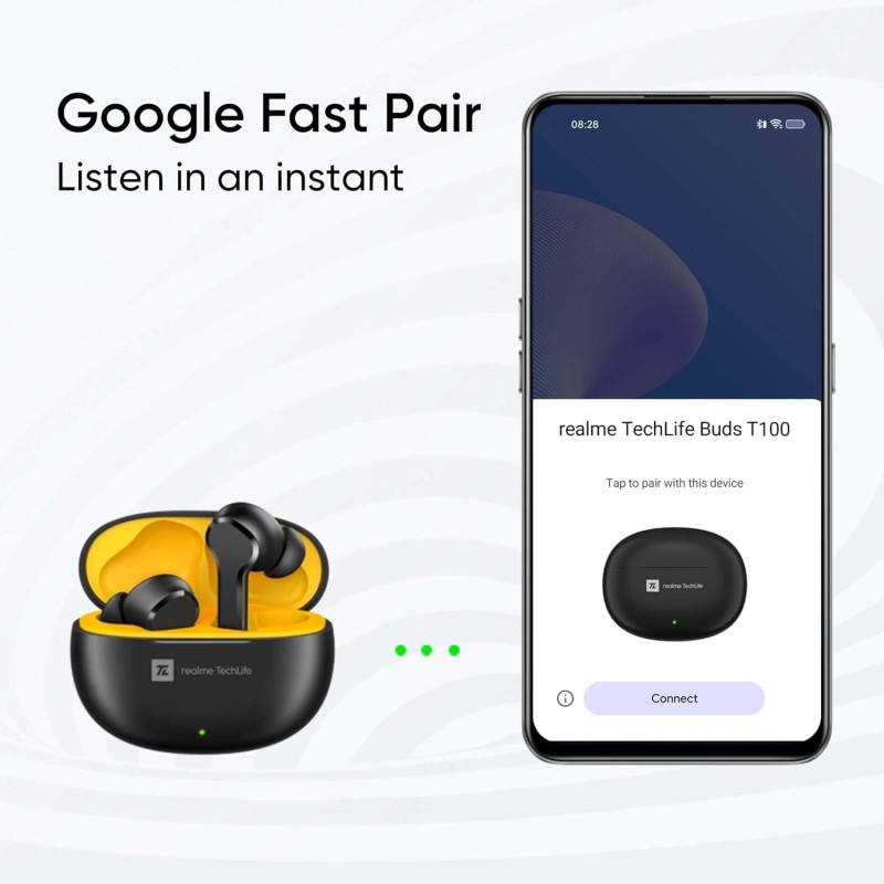 realme TechLife Buds T100 Bluetooth Truly Wireless in Ear Earbuds with mic, AI ENC for Calls, Google Fast Pair, 28 Hours Total Playback with Fast Char realme TechLife Buds T100 Bluetooth Truly Wireless in Ear Earbuds with mic, AI ENC for Calls, Google Fast Pair, 28 Hours Total Playback with Fast Char