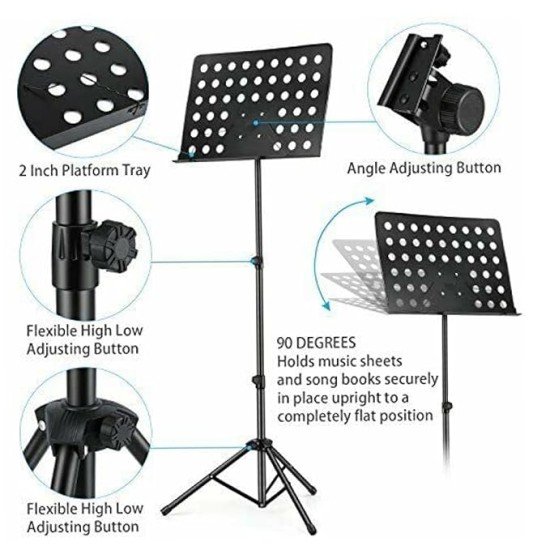 Techtest Music Stand for Notes Height & Angle Adjustable Orchestral Stand Conductor Sheet Stand and Music Sheet Clip Holder Notation Stand for Singers Lyrics Stand Folding Musical Instruments