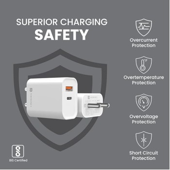 Portronics Adapto 45 22.5W Max Output USB & Type-C Dual Output Super Fast Charger,Wall Adapter Power Delivery 3.0& USB A Fast Charge Adaptor for iPhone,Android & Other Type C Enabled Devices(White)