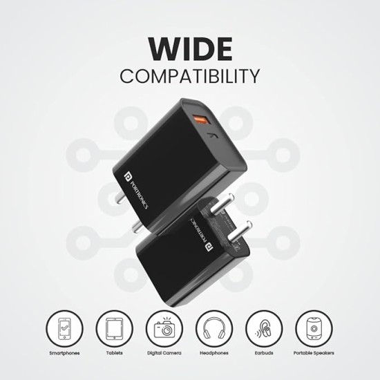 Portronics Adapto 45 22.5 W Mobile Charger Adapter with Dual Port (USB A + PD Type C), Fast Charging, Short Circuit Protection, Wide Compatibility (Black)