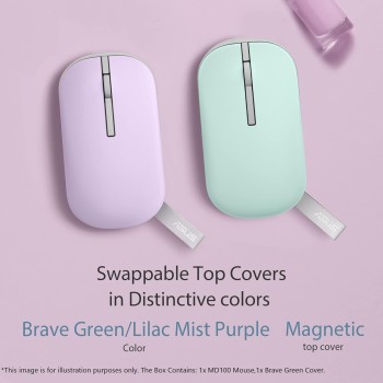 ASUS MD100 Marshmallow/Silent, Adj. DPI, Multi-Mode, with Brave Green Cover Wireless Optical Mouse (2.4GHz Wireless, Bluetooth, Lilac Mist Purple) ASUS MD100 Marshmallow/Silent, Adj. DPI, Multi-Mode, with Brave Green Cover Wireless Optical Mouse (2.4GHz Wireless, Bluetooth, Lilac Mist Purple)