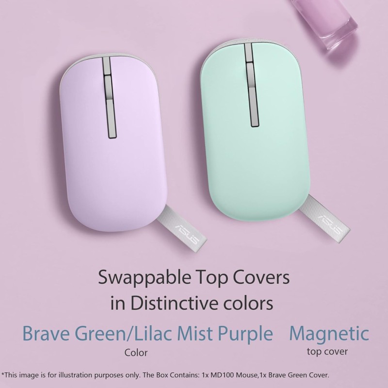 ASUS MD100 Marshmallow/Silent, Adj. DPI, Multi-Mode, with Brave Green Cover Wireless Optical Mouse (2.4GHz Wireless, Bluetooth, Lilac Mist Purple) ASUS MD100 Marshmallow/Silent, Adj. DPI, Multi-Mode, with Brave Green Cover Wireless Optical Mouse (2.4GHz Wireless, Bluetooth, Lilac Mist Purple)