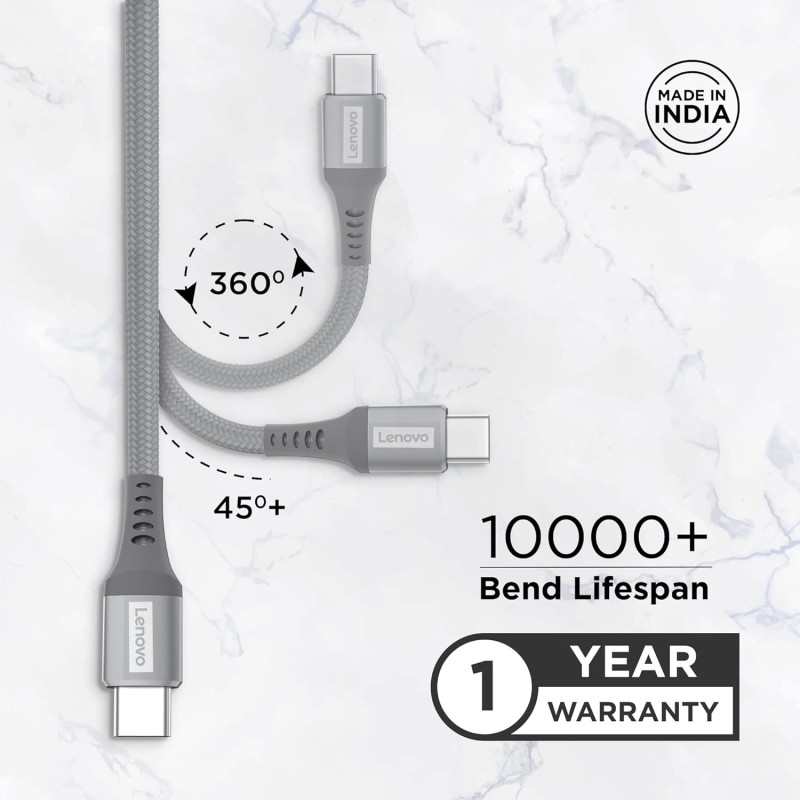Lenovo USB C to Type-C Tangle-free Aramid fiber braided 1.2m cable with Fast PD charging(upto 100W support) & 480 MBPS data transmission, certified 10000+ bend lifespan, Metallic Grey Lenovo USB C to Type-C Tangle-free Aramid fiber braided 1.2m cable with Fast PD charging(upto 100W support) & 480 MBPS data transmission, certified 10000+ bend lifespan, Metallic Grey