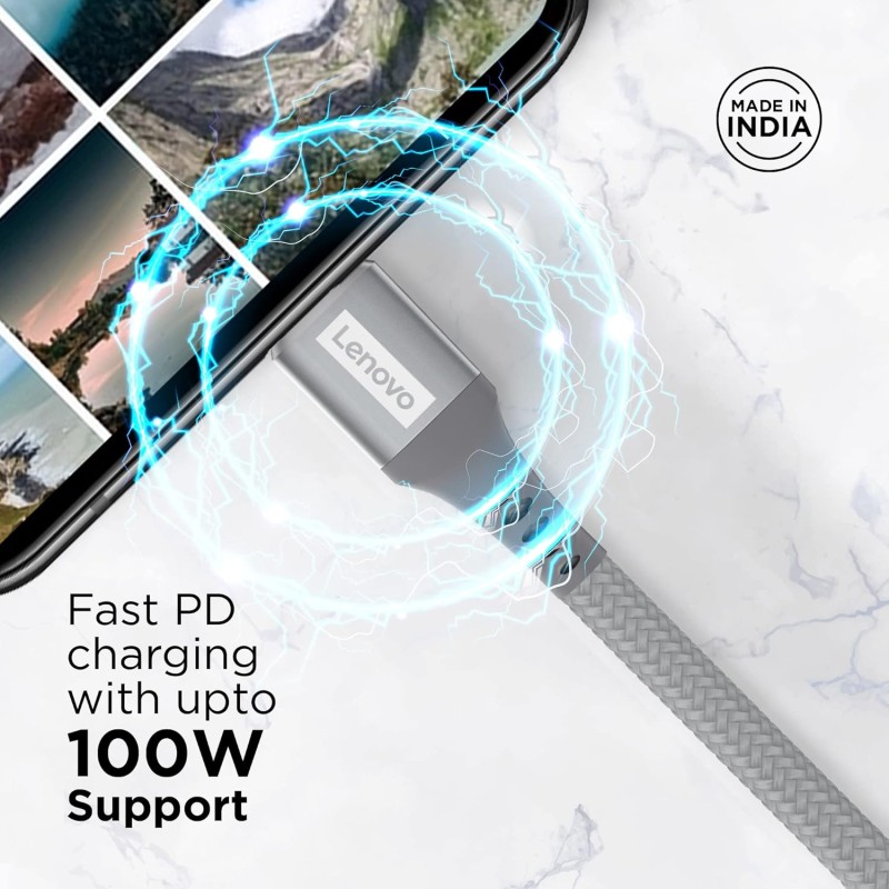 Lenovo USB C to Type-C Tangle-free Aramid fiber braided 1.2m cable with Fast PD charging(upto 100W support) & 480 MBPS data transmission, certified 10000+ bend lifespan, Metallic Grey Lenovo USB C to Type-C Tangle-free Aramid fiber braided 1.2m cable with Fast PD charging(upto 100W support) & 480 MBPS data transmission, certified 10000+ bend lifespan, Metallic Grey