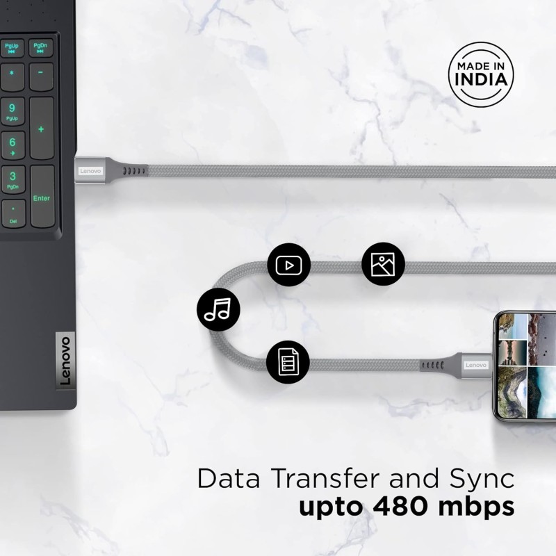 Lenovo USB C to Type-C Tangle-free Aramid fiber braided 1.2m cable with Fast PD charging(upto 100W support) & 480 MBPS data transmission, certified 10000+ bend lifespan, Metallic Grey Lenovo USB C to Type-C Tangle-free Aramid fiber braided 1.2m cable with Fast PD charging(upto 100W support) & 480 MBPS data transmission, certified 10000+ bend lifespan, Metallic Grey