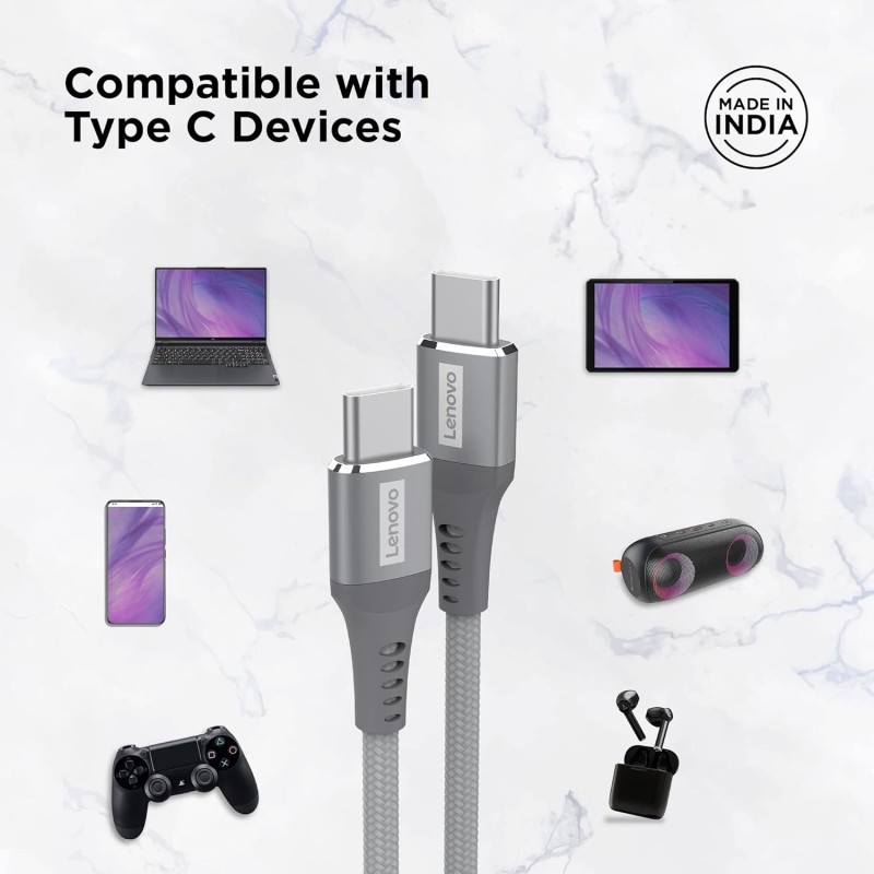 Lenovo USB C to Type-C Tangle-free Aramid fiber braided 1.2m cable with Fast PD charging(upto 100W support) & 480 MBPS data transmission, certified 10000+ bend lifespan, Metallic Grey Lenovo USB C to Type-C Tangle-free Aramid fiber braided 1.2m cable with Fast PD charging(upto 100W support) & 480 MBPS data transmission, certified 10000+ bend lifespan, Metallic Grey