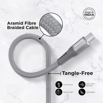 Lenovo USB C to Type-C Tangle-free Aramid fiber braided 1.2m cable with Fast PD charging(upto 100W support) & 480 MBPS data transmission, certified 10000+ bend lifespan, Metallic Grey Lenovo USB C to Type-C Tangle-free Aramid fiber braided 1.2m cable with Fast PD charging(upto 100W support) & 480 MBPS data transmission, certified 10000+ bend lifespan, Metallic Grey