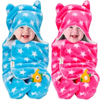 OYO BABY 3-in-1 Hooded Baby Blanket Wrapper - Pack of 2 (Star Pink and Blue) Towel for Baby Boy and Girl | All Season Soft Swaddle | 0-6 Months | Nursing Baby Gifts | Bath Robe