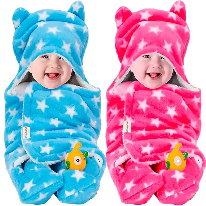 OYO BABY 3-in-1 Hooded Baby Blanket Wrapper - Pack of 2 (Star Pink and Blue) Towel for Baby Boy and Girl | All Season Soft Swaddle | 0-6 Months | Nursing Baby Gifts | Bath Robe