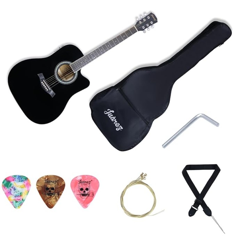 Juarez JRB41C/BK-EQ 41 Inch Acoustic Guitar Kit with Truss Rod, Solid Linden Wood, Ziko Strings, Pearl Rosette, Rosewood Fretboard & Bridge, Die Cast Machine with Picks, Strap, Strings & Bag Black