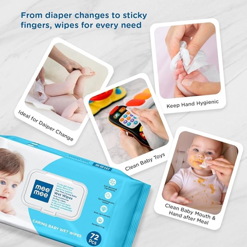 Mee Mee Soft Gentle Baby Wet Wipes (72 Wipes) Pack of 6 | Infused with Aloe Vera and Vitamin E | Paraben & Sulphate Free | Cleansing Wipes | Wipes Combo for Babies Mee Mee Soft Gentle Baby Wet Wipes (72 Wipes) Pack of 6 | Infused with Aloe Vera and Vitamin E | Paraben & Sulphate Free | Cleansing Wipes | Wipes Combo for Babies