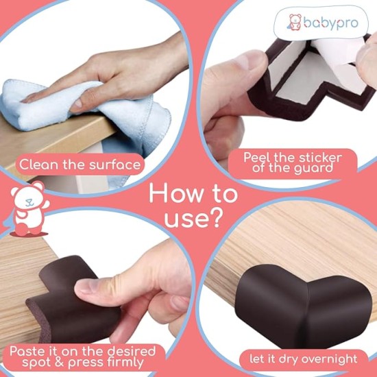 BabyPro BabyProofing Corner Guards (12mm, Pack of 8) with Strong Adhesive Tape by Certified Professional Childproofer for Covering Sharp Edges & Corners of Bed, Table & Furniture (Brown)