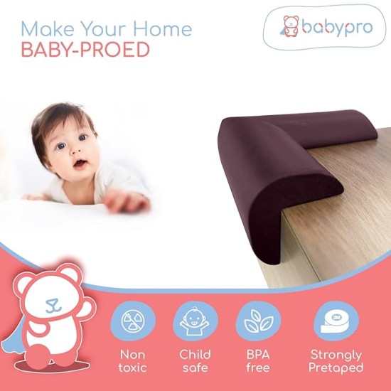BabyPro BabyProofing Corner Guards (12mm, Pack of 8) with Strong Adhesive Tape by Certified Professional Childproofer for Covering Sharp Edges & Corners of Bed, Table & Furniture (Brown)