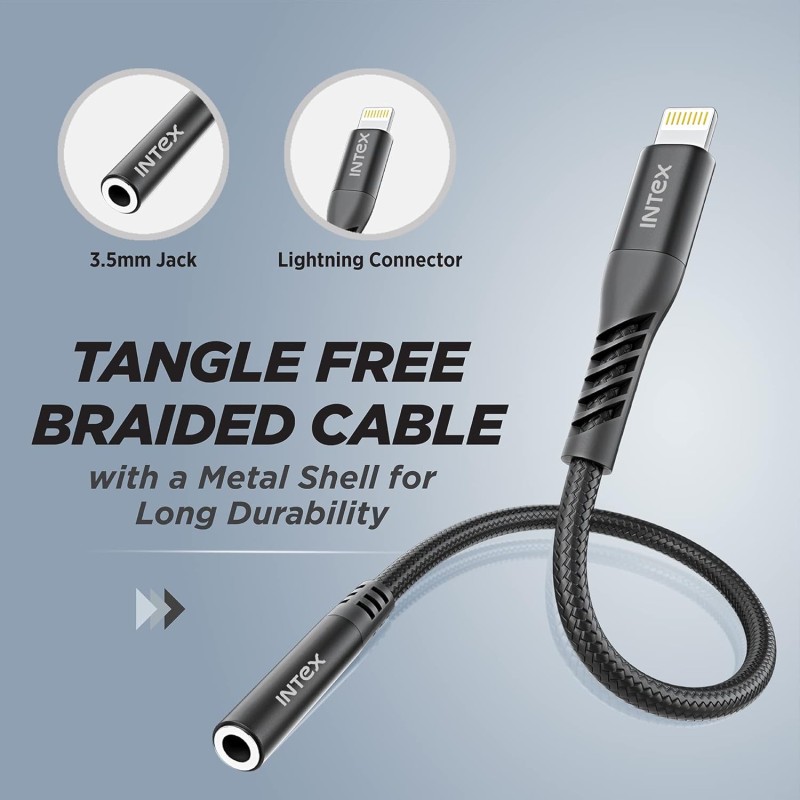 Intex Speed Lightning to 3.5mm AUX Connector with DAC Chipset, HD Audio Output, Compatible with iOS Smartphones, Compact Size, Nylon Braided with Metal Shell Design, Durable & Flexible(Black) Intex Speed Lightning to 3.5mm AUX Connector with DAC Chipset, HD Audio Output, Compatible with iOS Smartphones, Compact Size, Nylon Braided with Metal Shell Design, Durable & Flexible(Black)