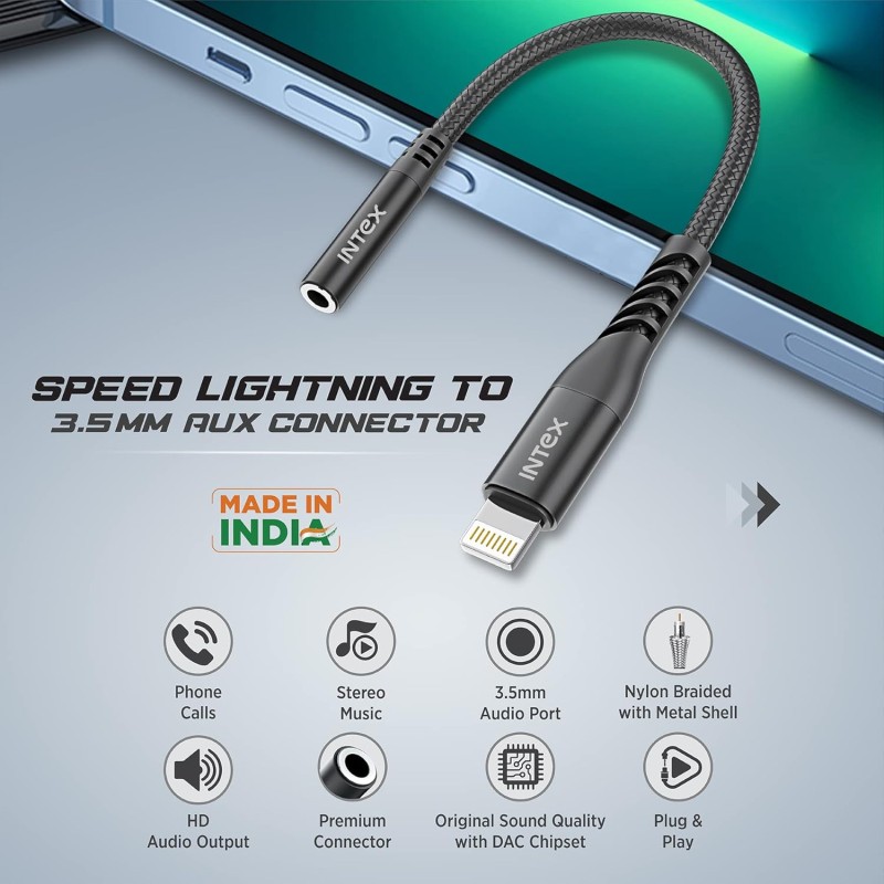 Intex Speed Lightning to 3.5mm AUX Connector with DAC Chipset, HD Audio Output, Compatible with iOS Smartphones, Compact Size, Nylon Braided with Metal Shell Design, Durable & Flexible(Black) Intex Speed Lightning to 3.5mm AUX Connector with DAC Chipset, HD Audio Output, Compatible with iOS Smartphones, Compact Size, Nylon Braided with Metal Shell Design, Durable & Flexible(Black)