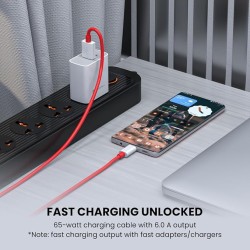 Portronics Konnect Dash 2 Unbreakable 6.5A 65w USB A to Type C VOOC Flash Charging Cable Design for OnePlus,Oppo(Red)