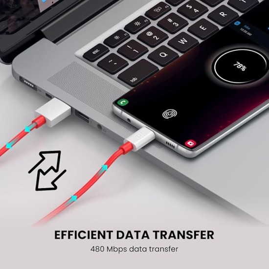 Portronics Konnect Dash 2 Unbreakable 6.5A 65w USB A to Type C VOOC Flash Charging Cable Design for OnePlus,Oppo(Red)