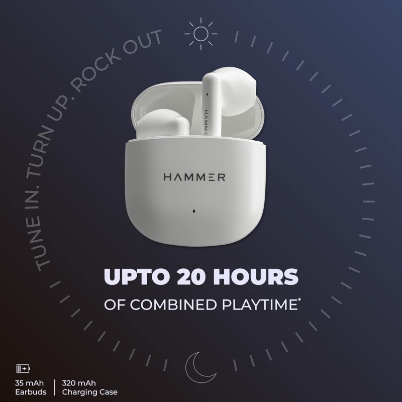 (Refurbished) Hammer KO Pro Bluetooth Earbuds with Upto 20H Playtime, ENC, Fast Charging Type-C, IPX4 Water Resistant, Bluetooth v5.3, Touch Controls and Voice Assistant (White) (Refurbished) Hammer KO Pro Bluetooth Earbuds with Upto 20H Playtime, ENC, Fast Charging Type-C, IPX4 Water Resistant, Bluetooth v5.3, Touch Controls and Voice Assistant (White)