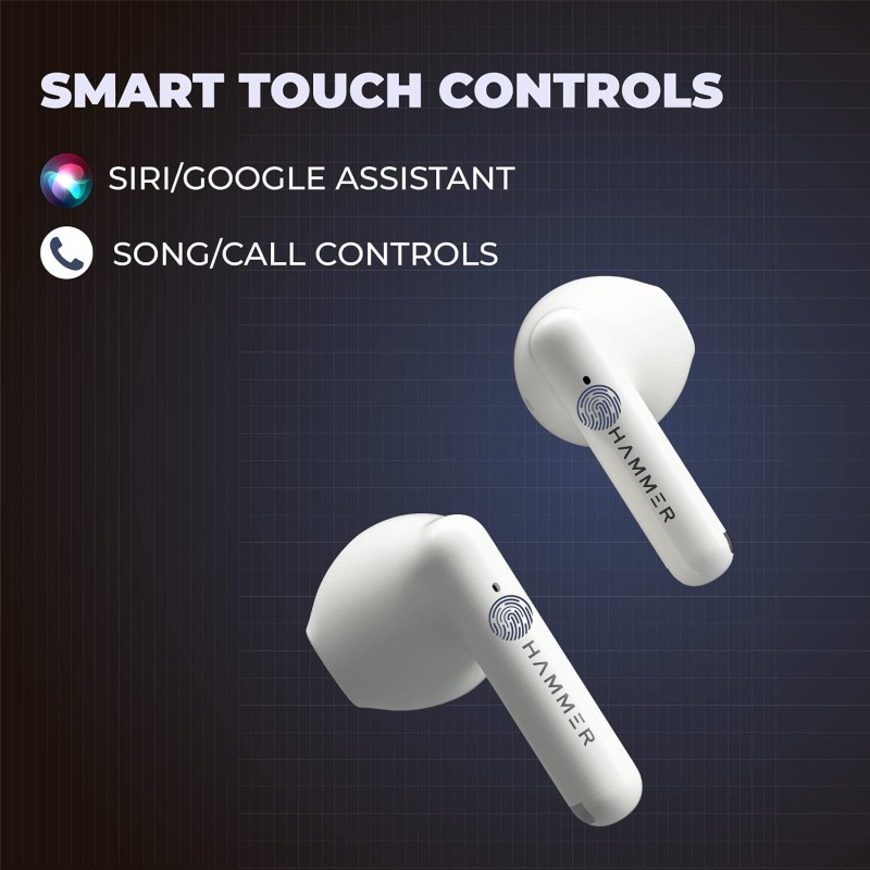 (Refurbished) Hammer KO Pro Bluetooth Earbuds with Upto 20H Playtime, ENC, Fast Charging Type-C, IPX4 Water Resistant, Bluetooth v5.3, Touch Controls and Voice Assistant (White) (Refurbished) Hammer KO Pro Bluetooth Earbuds with Upto 20H Playtime, ENC, Fast Charging Type-C, IPX4 Water Resistant, Bluetooth v5.3, Touch Controls and Voice Assistant (White)