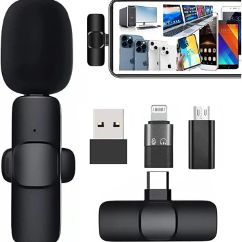 4 in 1 K8 Wireless Microphone, Digital Mini Portable Recording Clip Mic with Receiver for All Type-C, Micro USB, Lightning i OS Mobile Phones Camera Laptop for Vlogging YouTube Online Class, Zoom Call