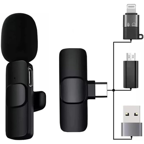 4 in 1 K8 Wireless Microphone, Digital Mini Portable Recording Clip Mic with Receiver for All Type-C, Micro USB, Lightning i OS Mobile Phones Camera Laptop for Vlogging YouTube Online Class, Zoom Call