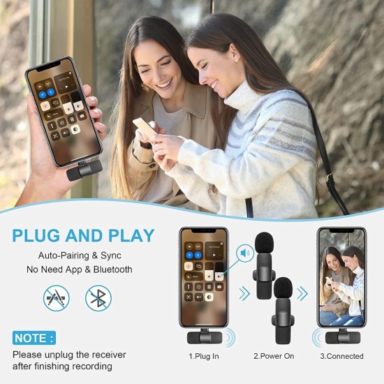 3 in 1 K8 Wireless Microphone, Digital Mini Portable Recording Clip Mic with Receiver for All Android Lightning Mobile Phones Camera Laptop for Vlogging YouTube Online Class, Zoom Call