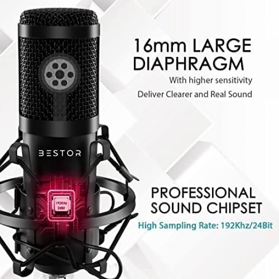 BESTOR® Professional USB Condenser Microphone Kit Podcast Mic with Boom Arm Microphone with Stand | 192kHZ/24bit Professional PC Streaming Podcast Cardioid Microphone Kit (USB)