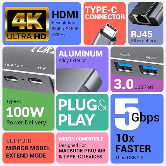 Tukzer 6-in-1 Type-C Hub to HDMI 4K@30Hz, 2 USB 3.0 Data, USB-C 3.0 Data, 100W PD with 1000M Ethernet RJ45, MultiPort Adapter Compatible with MacBook Pro Air iPad, Dell, Other Type-C Device Tukzer 6-in-1 Type-C Hub to HDMI 4K@30Hz, 2 USB 3.0 Data, USB-C 3.0 Data, 100W PD with 1000M Ethernet RJ45, MultiPort Adapter Compatible with MacBook Pro Air iPad, Dell, Other Type-C Device