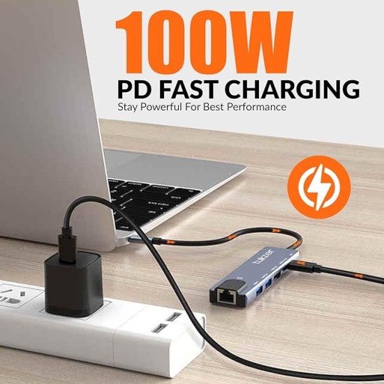 Tukzer 6-in-1 Type-C Hub to HDMI 4K@30Hz, 2 USB 3.0 Data, USB-C 3.0 Data, 100W PD with 1000M Ethernet RJ45, MultiPort Adapter Compatible with MacBook Pro Air iPad, Dell, Other Type-C Device Tukzer 6-in-1 Type-C Hub to HDMI 4K@30Hz, 2 USB 3.0 Data, USB-C 3.0 Data, 100W PD with 1000M Ethernet RJ45, MultiPort Adapter Compatible with MacBook Pro Air iPad, Dell, Other Type-C Device