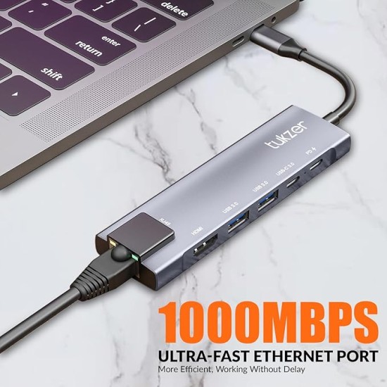 Tukzer 6-in-1 Type-C Hub to HDMI 4K@30Hz, 2 USB 3.0 Data, USB-C 3.0 Data, 100W PD with 1000M Ethernet RJ45, MultiPort Adapter Compatible with MacBook Pro Air iPad, Dell, Other Type-C Device Tukzer 6-in-1 Type-C Hub to HDMI 4K@30Hz, 2 USB 3.0 Data, USB-C 3.0 Data, 100W PD with 1000M Ethernet RJ45, MultiPort Adapter Compatible with MacBook Pro Air iPad, Dell, Other Type-C Device